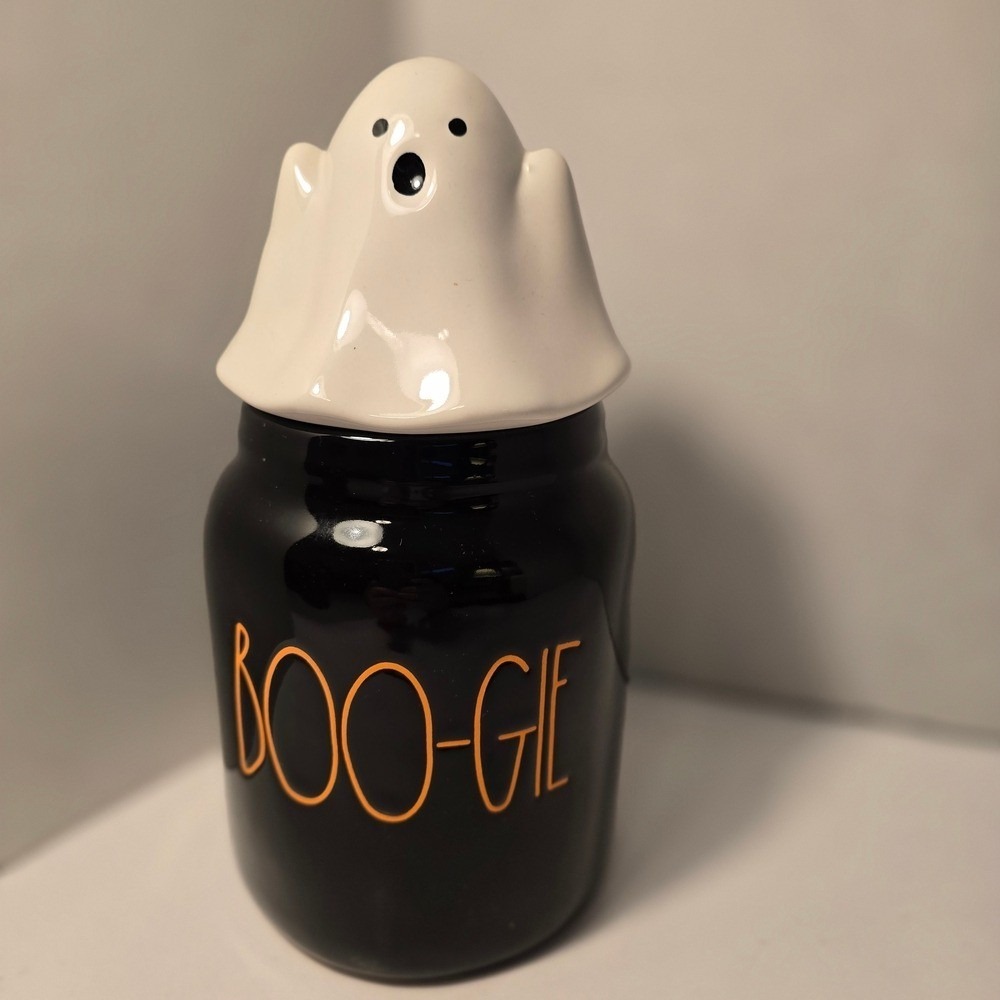 Rae‎ Dunn Black Jar with White Ghost Lid BOO-GIE #1